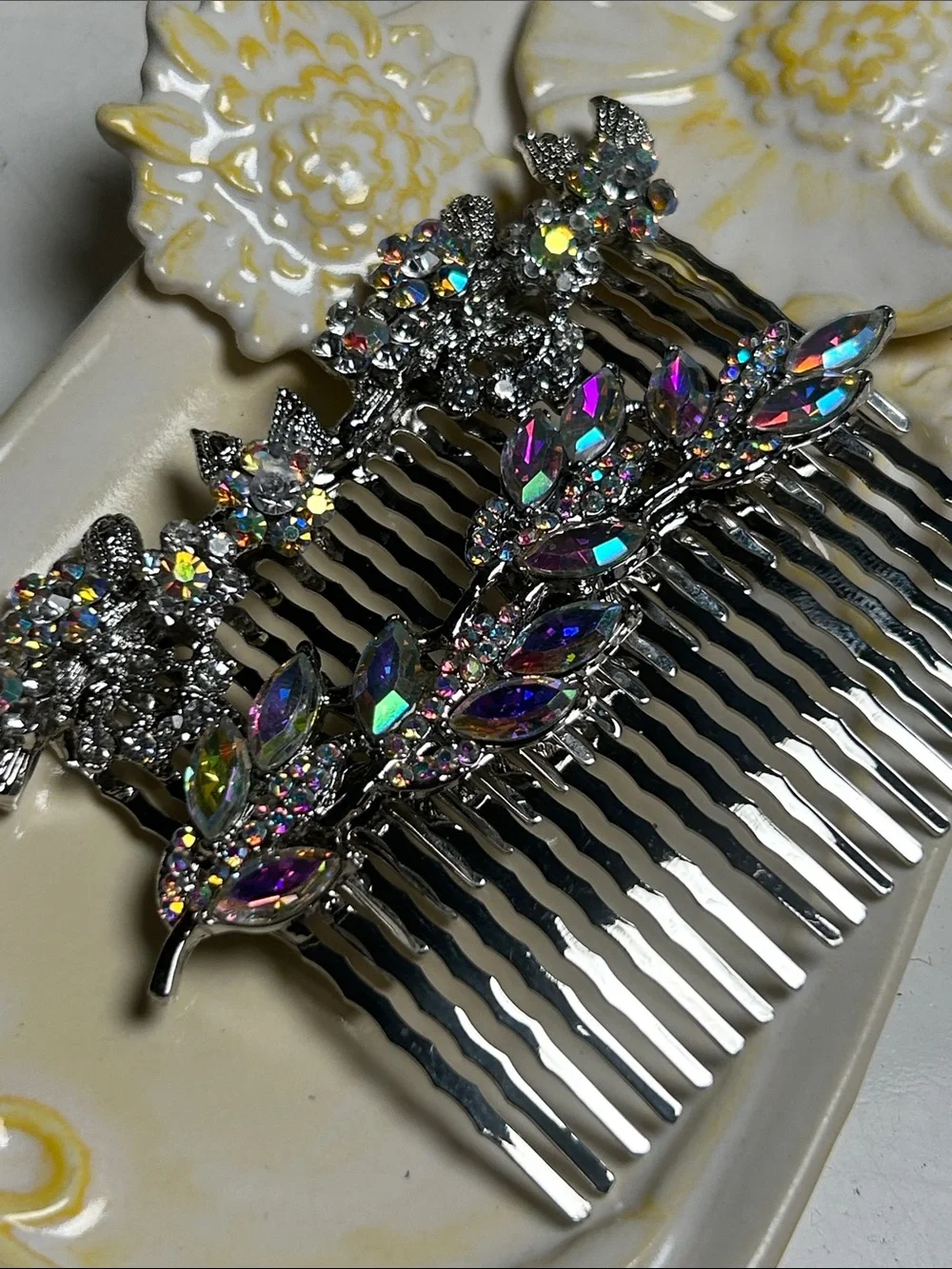 Rhinestone Aurora Leaf Hair Comb - Silver
